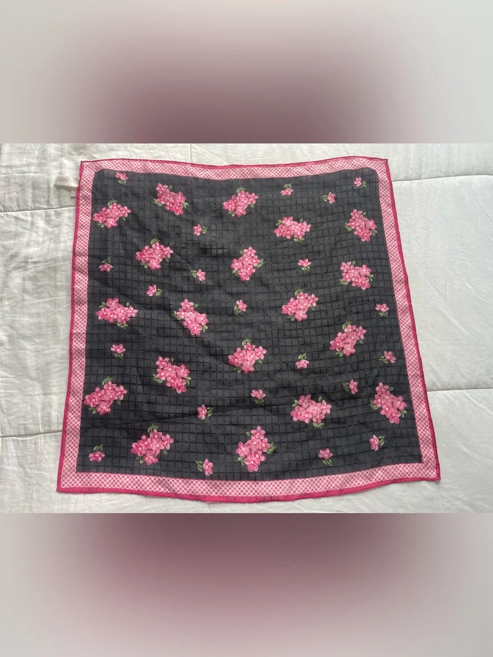 Vintage Silk Black Pink Floral Gingham Scarf Top Bandana Whimsigoth Coquette Y2K